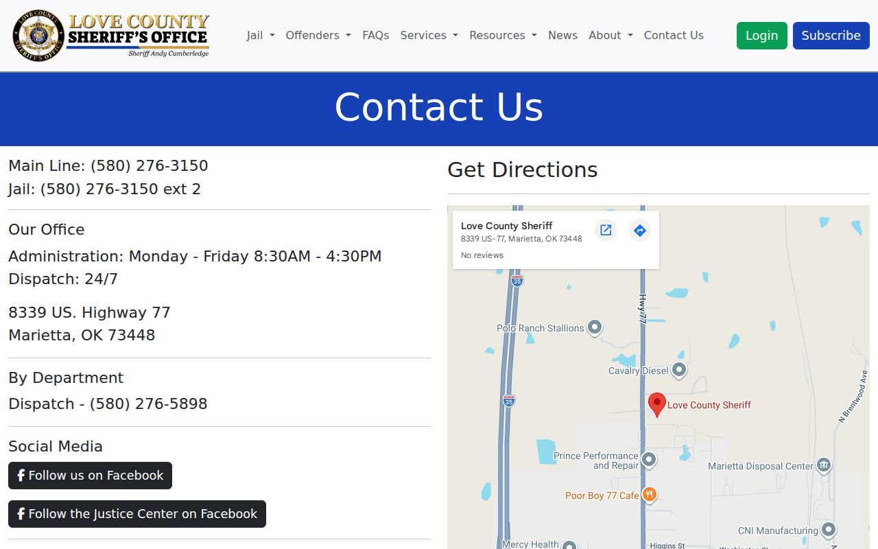 Love County Sheriff contact page showing Justice Center address and phone