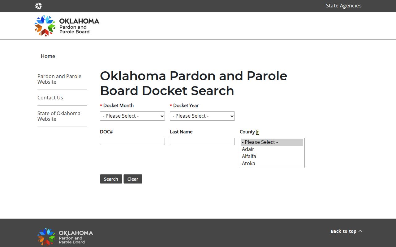 Love County projected release date field search in the older Oklahoma parole docket system